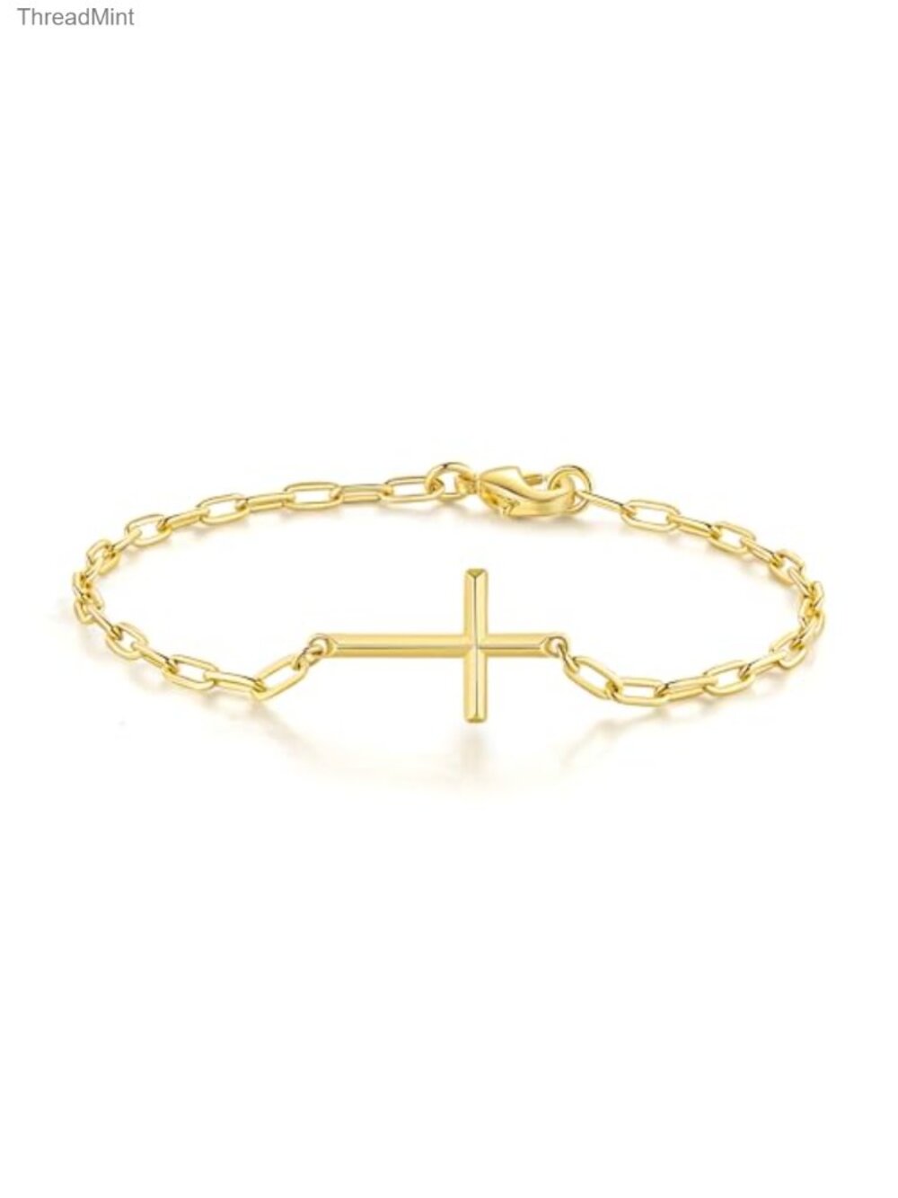 14K Gold Paperclip Chain Cross Charm Bracelet for Women Lobster Claw Clasp